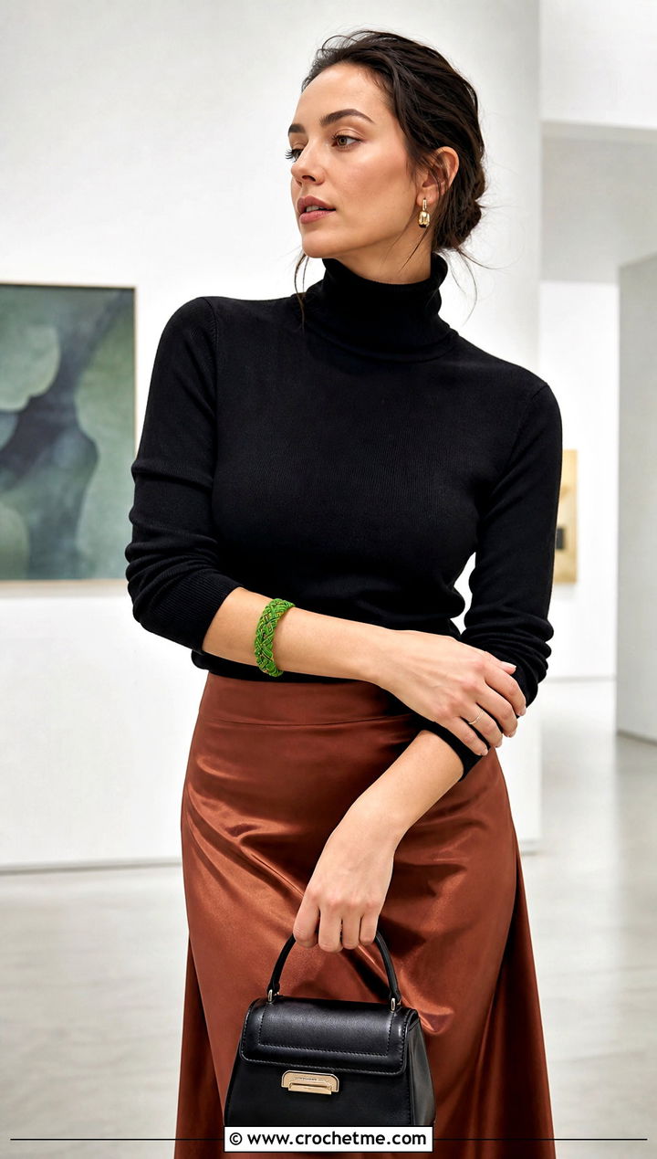 Spiral Crochet Wrap Bracelet With Turtleneck and Slip Skirt - 35 crochet wrap bracelet outfit ideas