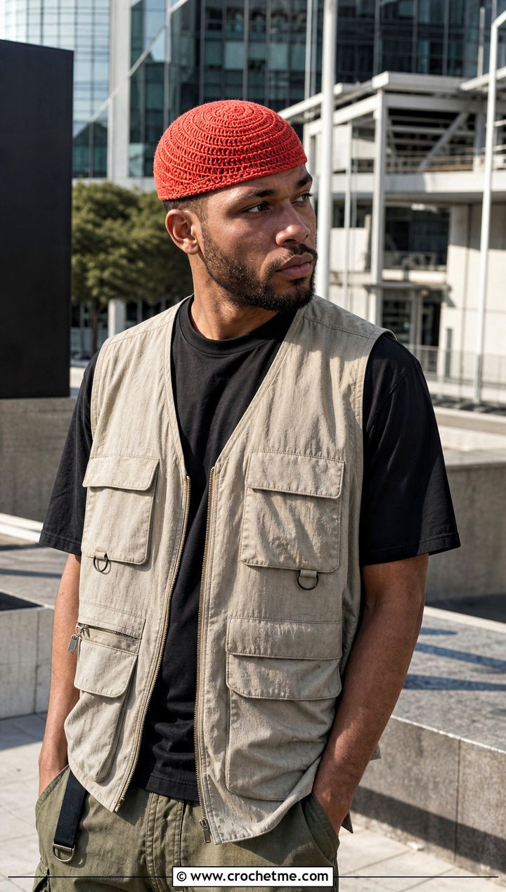 Spiral Crown Crochet Skull Cap With Utility Vest And Cargo Pants - 25 Mens Crochet Skull Cap outfit ideas