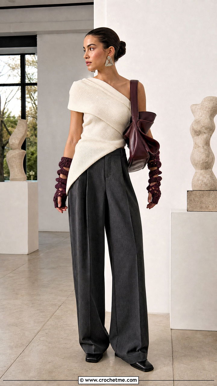 Spiral Cuff Crochet Fingerless Gloves With Asymmetrical Top And Trousers - 35 crochet fingerless gloves outfit ideas
