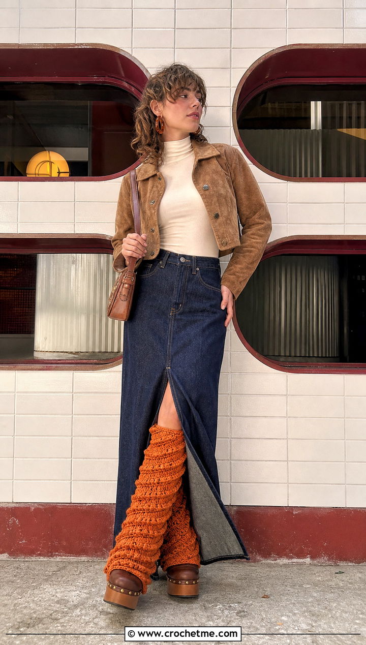 Spiral Flared Crochet Leg Warmers With Denim Maxi Skirt - 25 flared crochet leg warmers outfit ideas