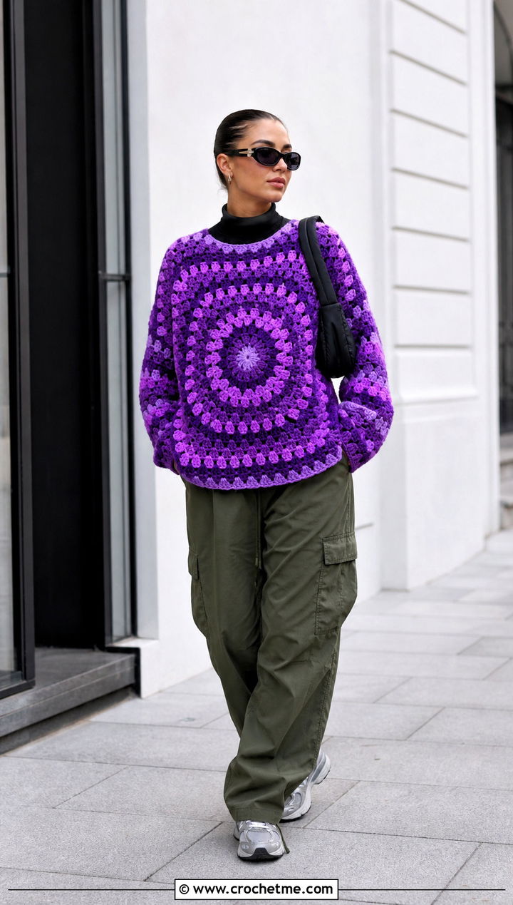 Spiral Giant Granny Square Sweater With Cargo Pants - 30 giant granny square sweater outfit ideas