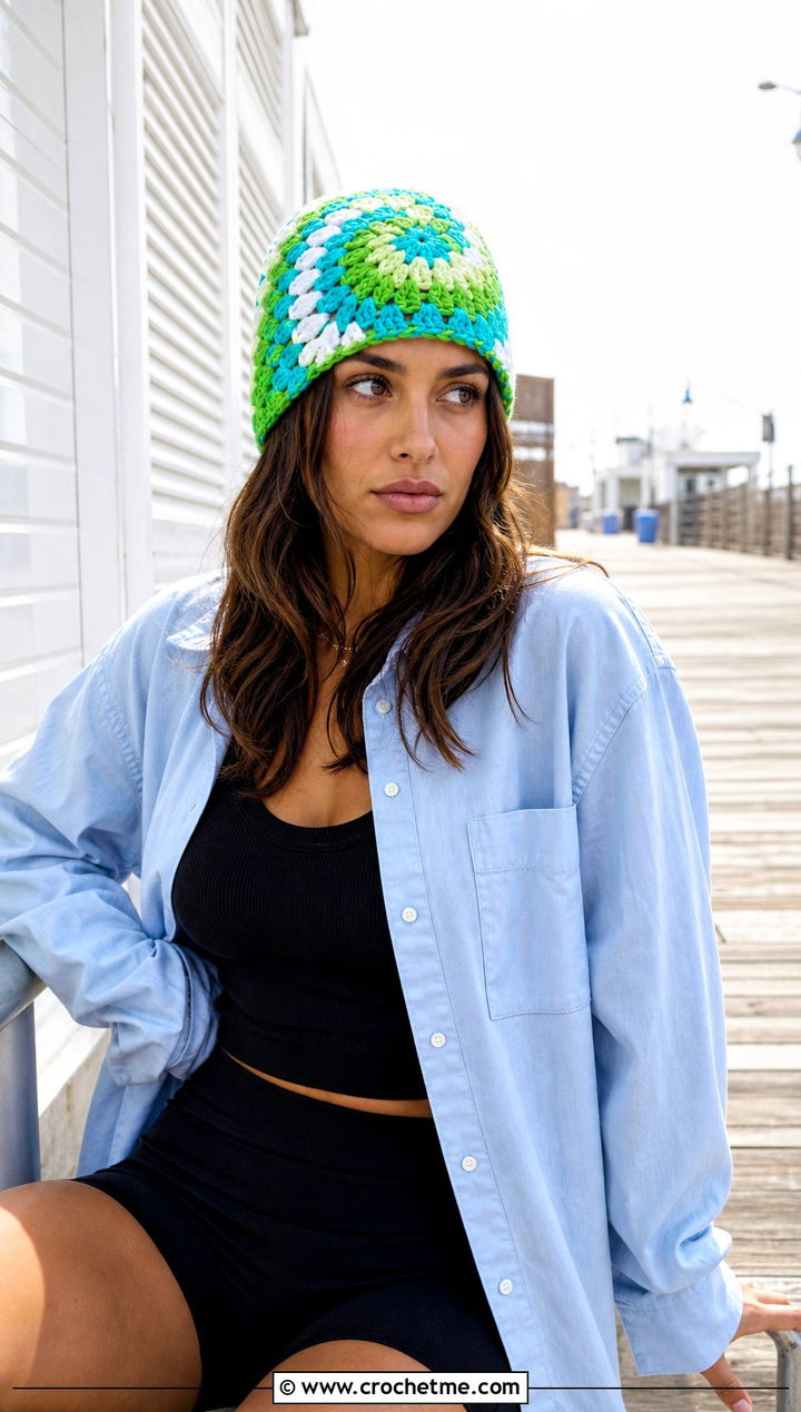 Spiral Granny Square Crochet Beanie With Oversized Shirt And Bike Shorts - 30 granny square crochet beanie outfit ideas