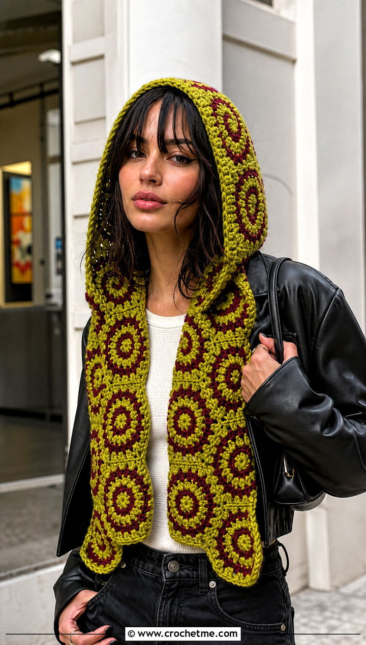 Spiral Granny Square Crochet Hooded Scarf With Leather Jacket - 30 Granny Square Crochet Hooded Scarf outfit ideas