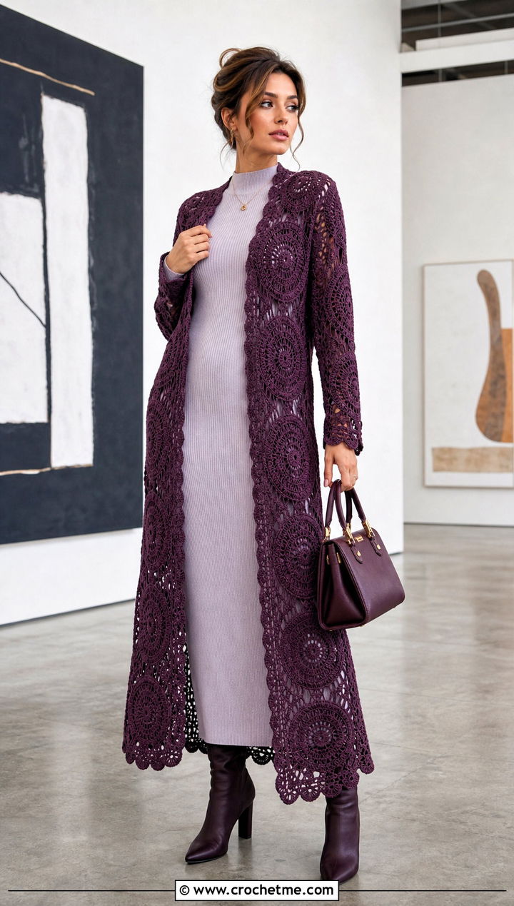 Spiral Granny Square Duster With Fitted Knit Dress - 35 Granny Square Outfit ideas