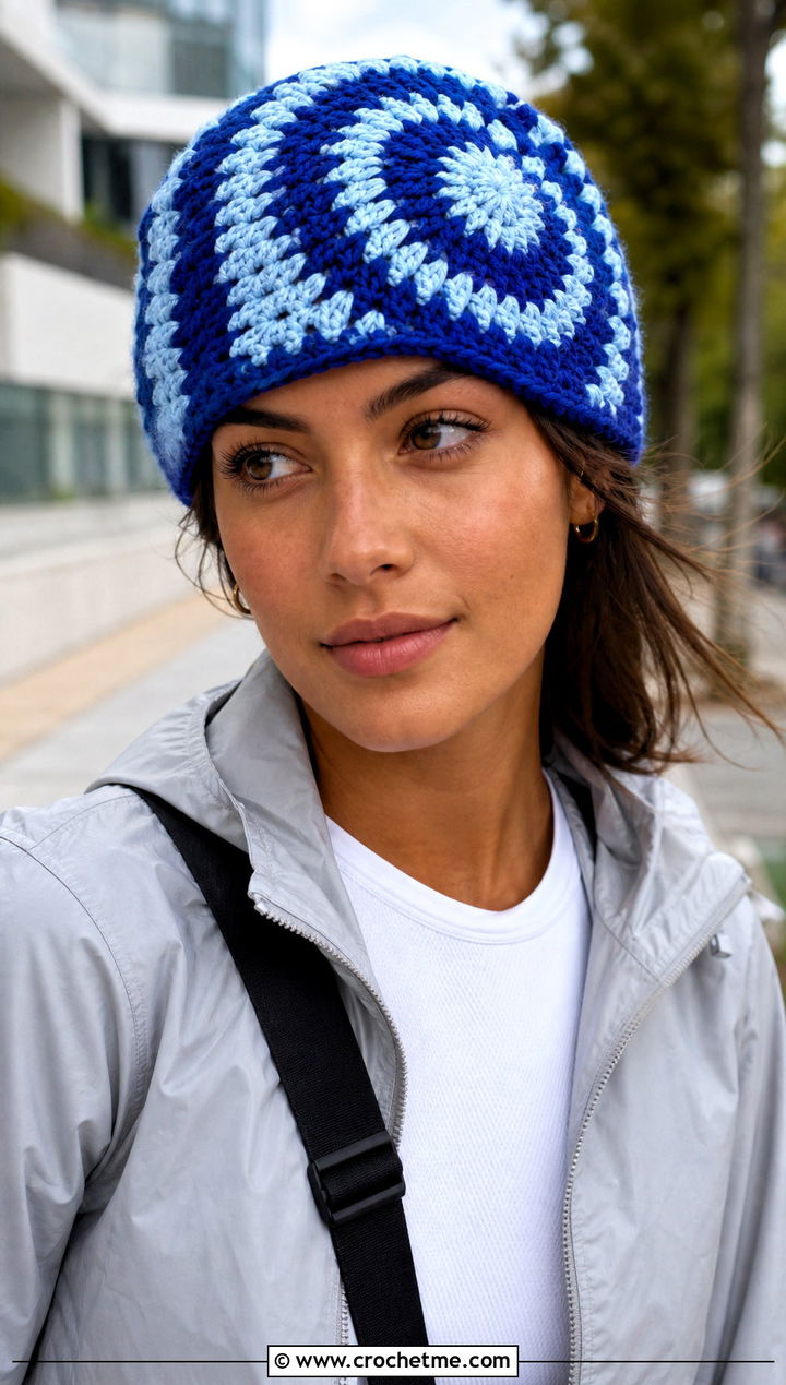 Spiral Granny Square Hat With Track Pants - 25 Easy Crochet Granny Square Hats outfit ideas