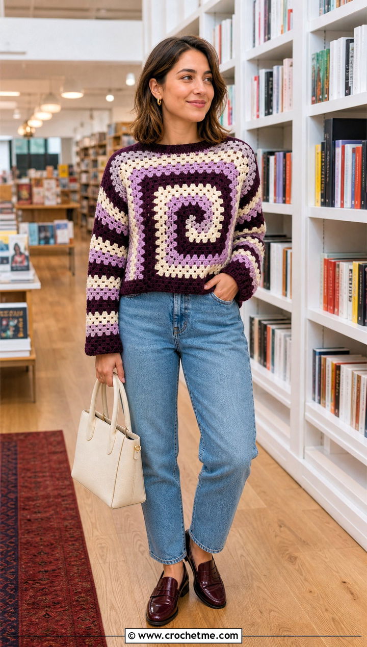 Spiral Granny Square Sweater With Mom Jeans - 35 spiral crochet sweater outfit ideas