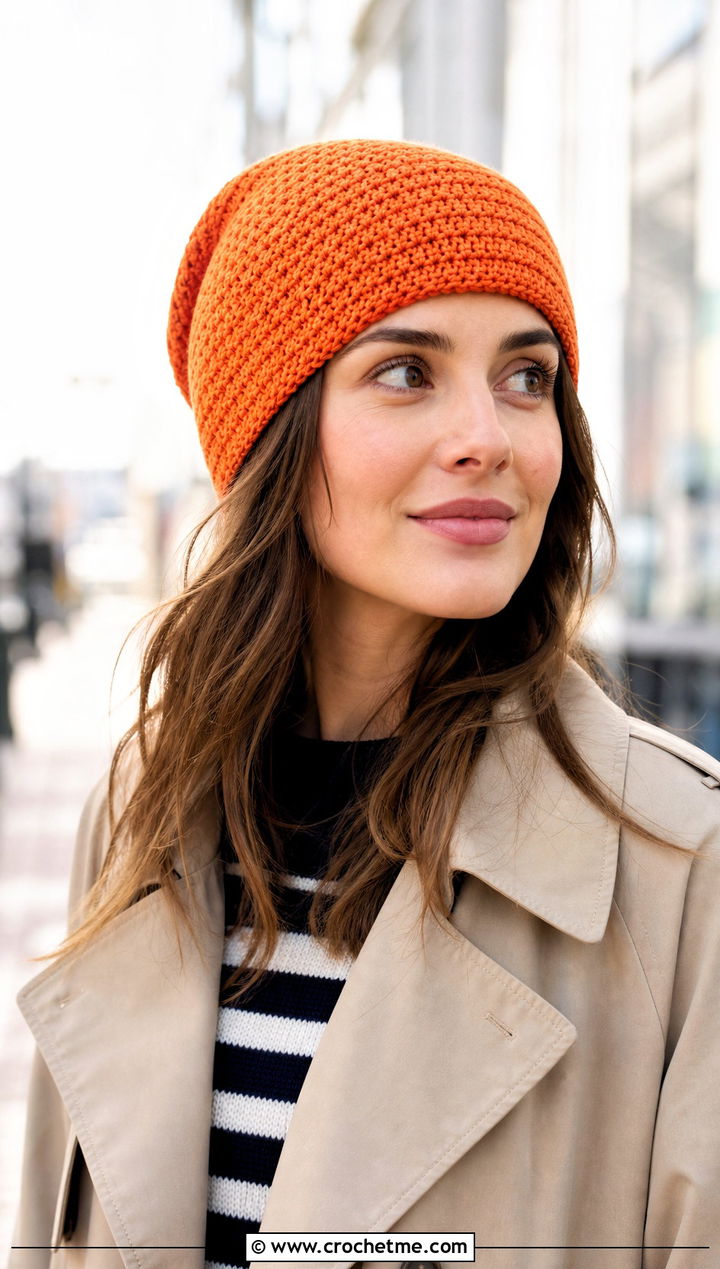 Spiral HDC Crochet Beanie With Trench Coat - 20 hdc crochet beanie outfit ideas