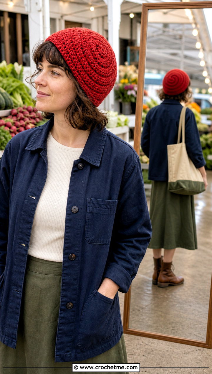 Spiral Lace Crochet Beanie With Chore Jacket And Midi Skirt - 30 crochet lace beanie outfit ideas