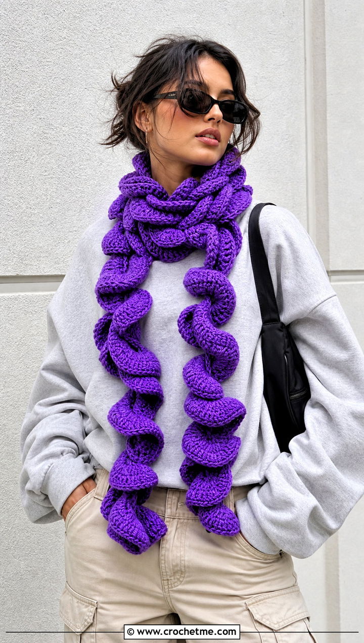 Spiral Loop Crochet Scarf With Streetwear Basics - 15 easy spiral crochet scarf outfit ideas