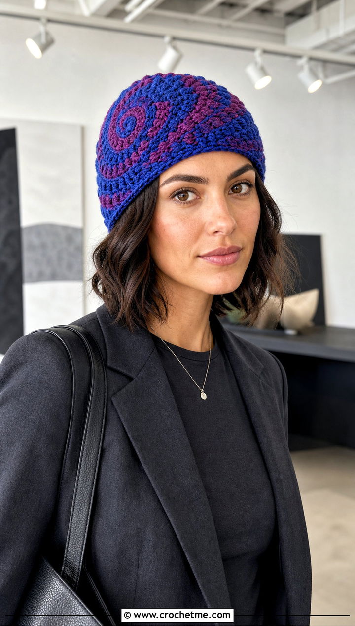 Spiral Mandala Crochet Beanie With Monochrome Suit - 20 Mandala Crochet Beanie outfit ideas