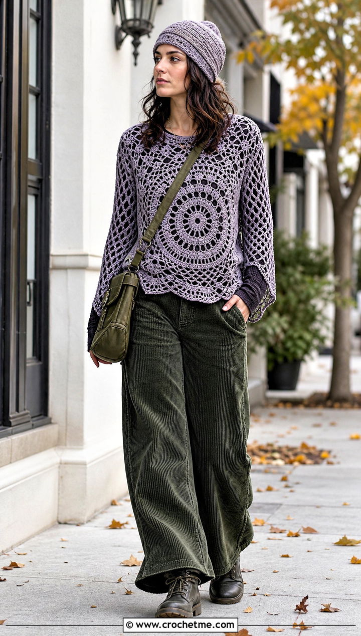 Spiral Mesh Sweater Crochet Fairy Grunge Top With Corduroy Pants - 20 Crochet Fairy Grunge Top outfit ideas