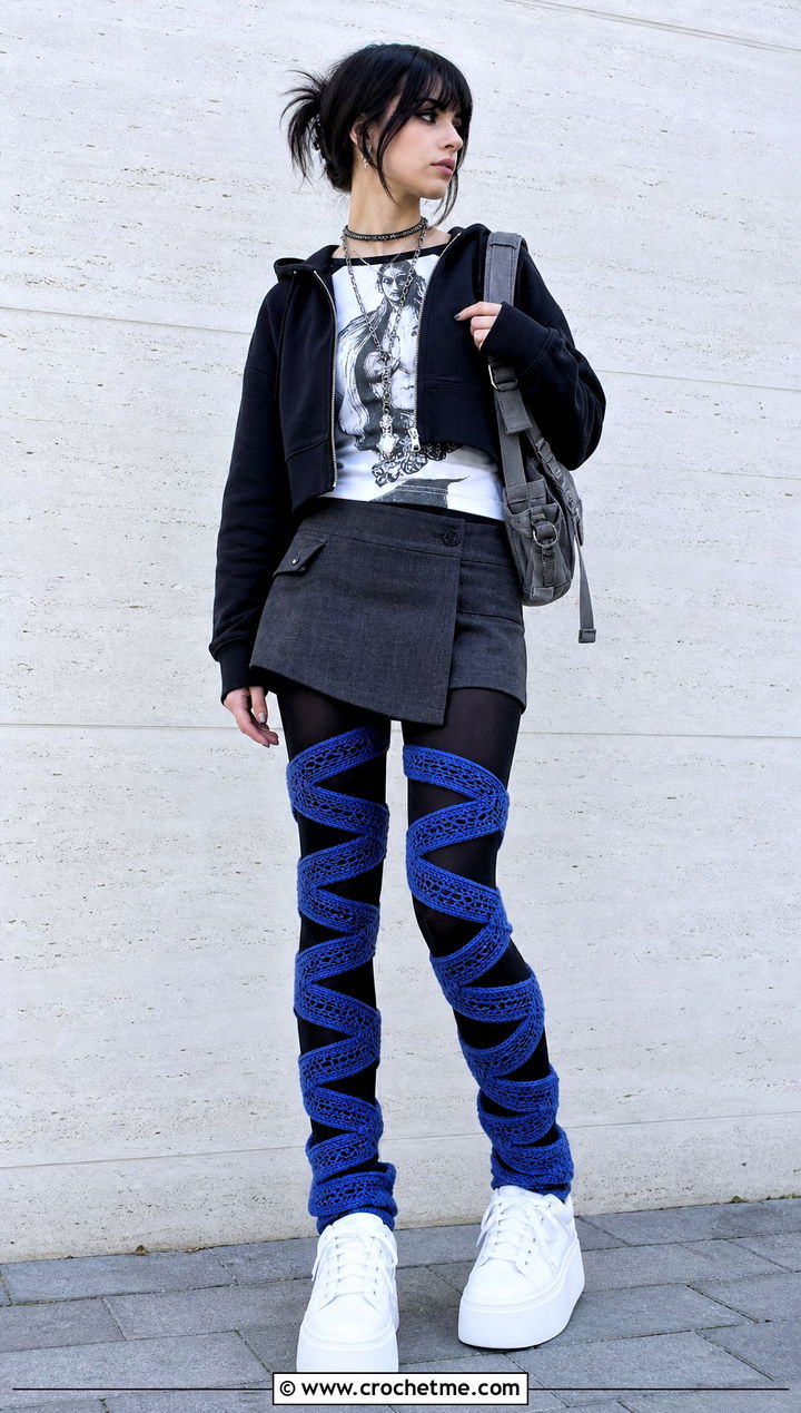 Spiral Mesh Thigh High Crochet Leg Warmers With Graphic Tee - 25 Thigh High Crochet Leg Warmers outfit ideas