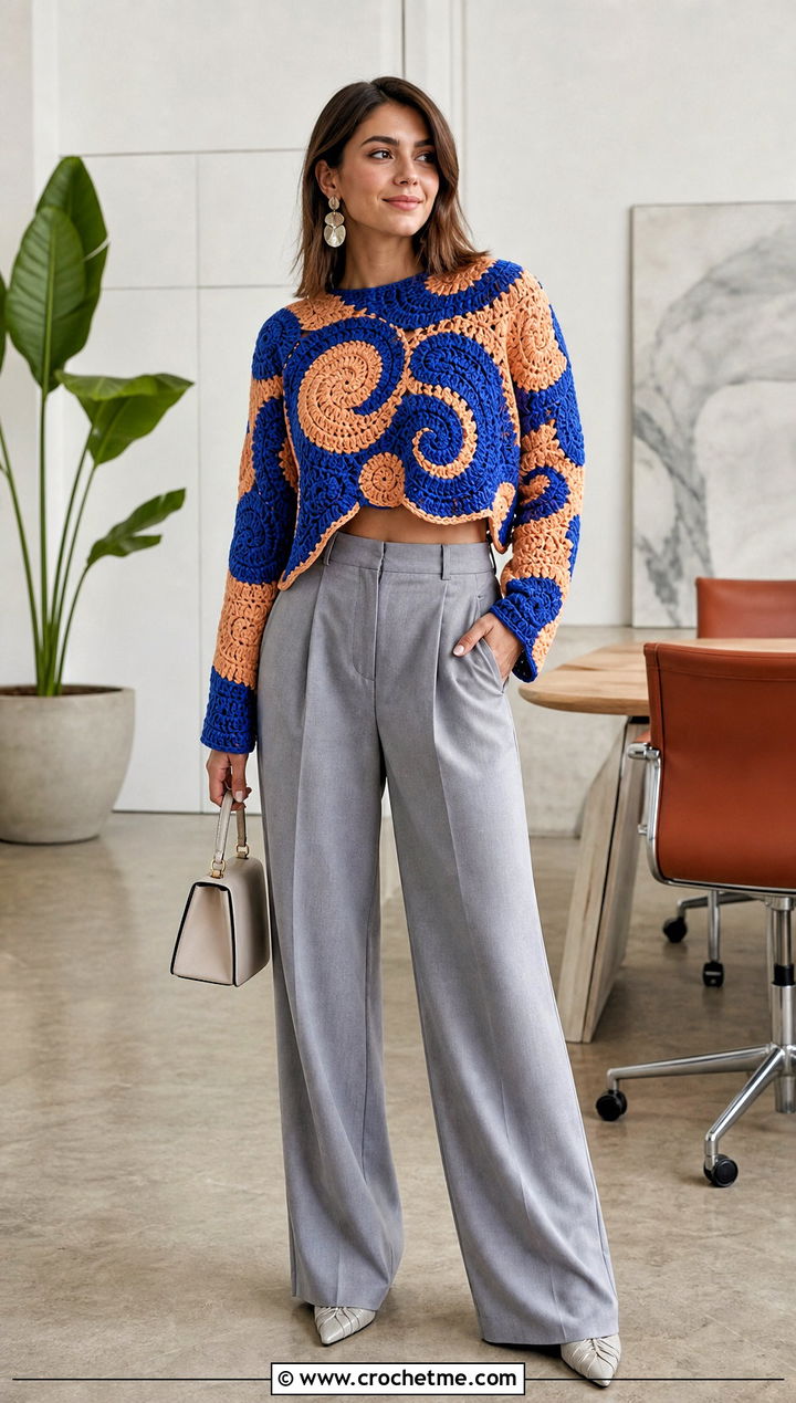 Spiral Motif Cropped Sweater With Wide Leg Trousers - 15 Freeform Crochet Sweater Ideas