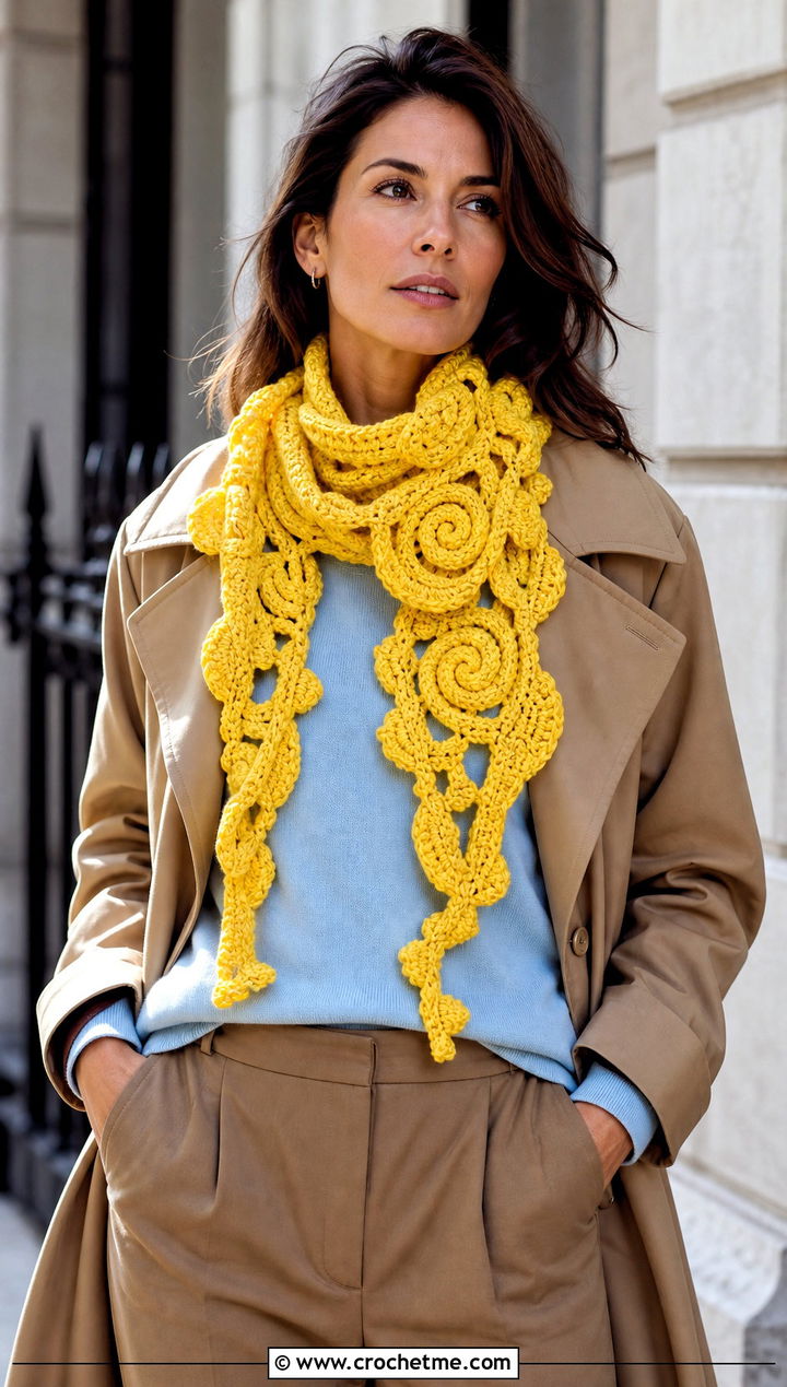 Spiral Motif Freeform Crochet Scarf With Trench Coat And Trousers - 25 Freeform Crochet Scarf outfit ideas