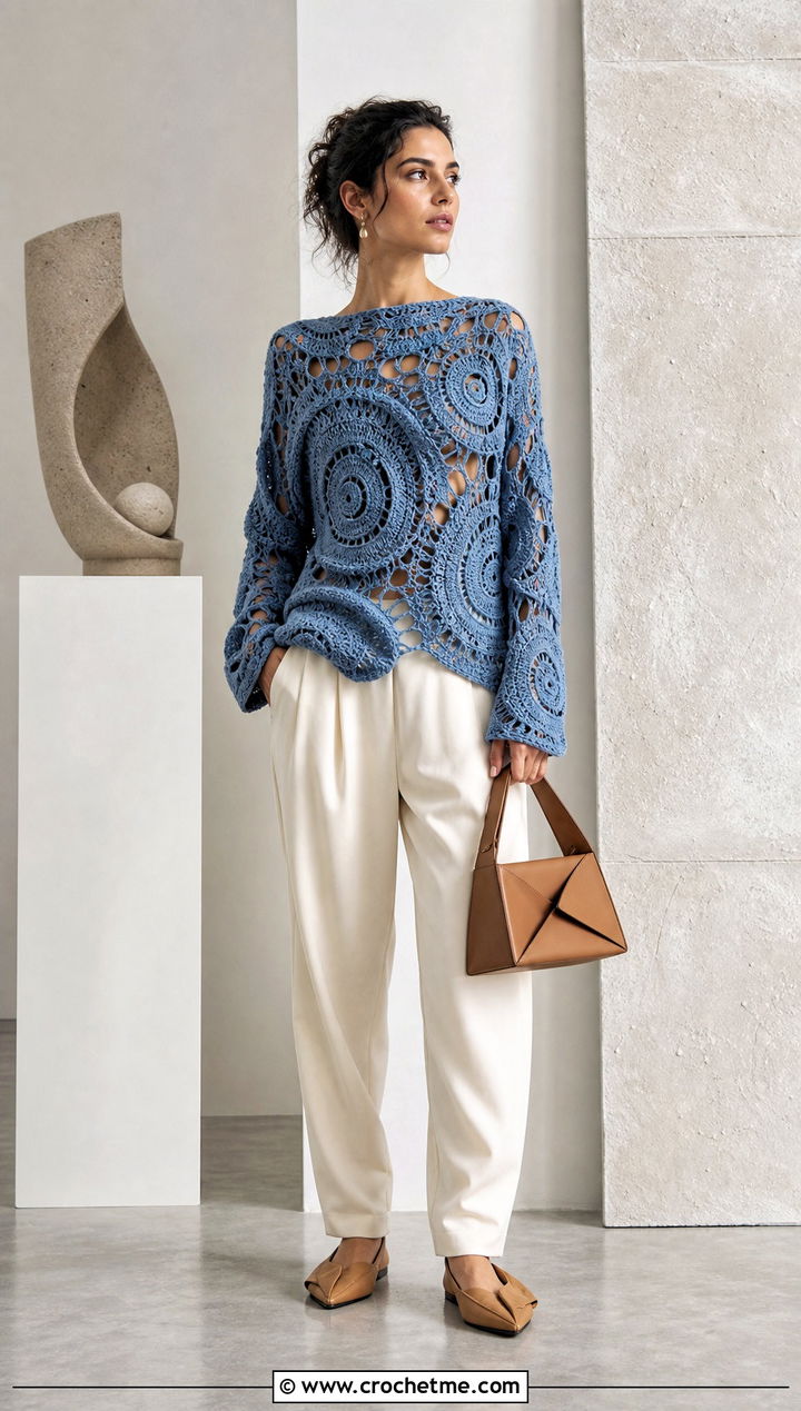 Spiral Motif Freeform Crochet Sweater With Pleated Pants - 30 freeform crochet sweater outfit ideas