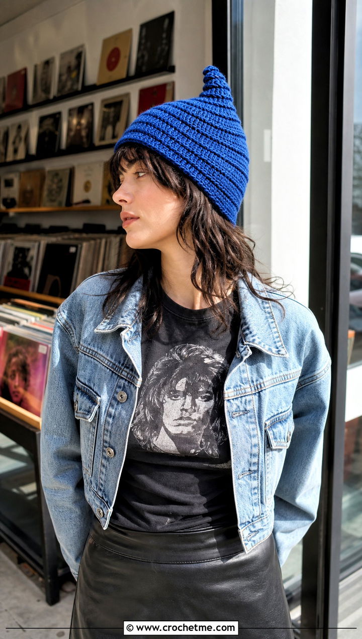 Spiral Point Crochet Hat With Band Tee And Leather Midi Skirt - 25 pointy crochet hat outfit ideas