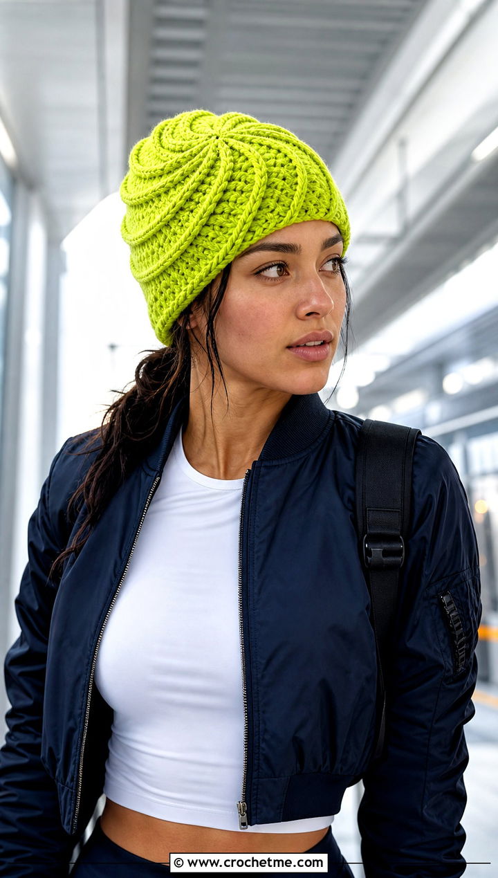 Spiral Puff Stitch Beanie With Bomber Jacket And Track Pants - 25 crochet puff stitch beanie outfit ideas