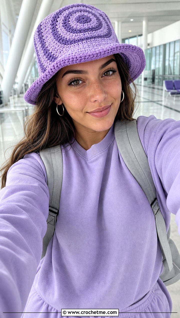 Spiral Purple Crochet Bucket Hat With Monochrome Outfit - 30 purple crochet bucket hat outfit ideas