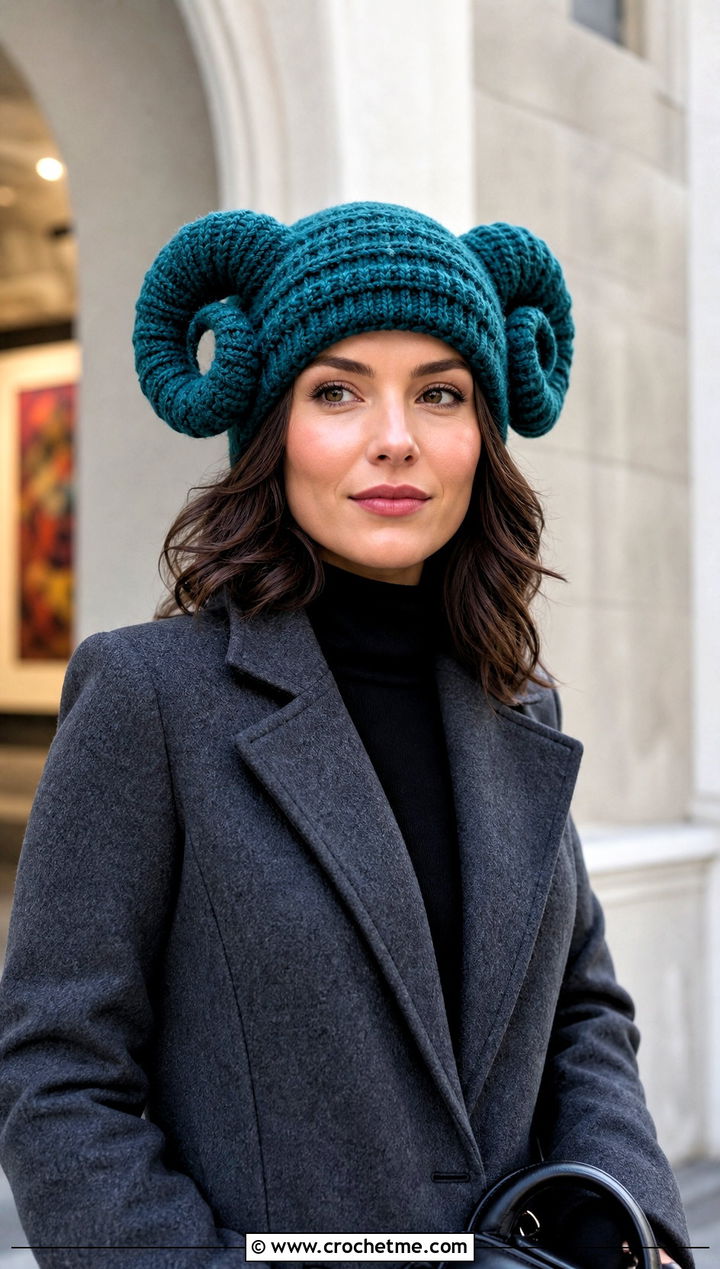 Spiral Ram Horned Beanie With Tailored Coat - 20 Crochet Horned Beanie outfit ideas