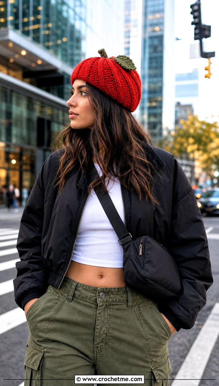 Spiral Rib Crochet Pumpkin Beanie With Bomber Jacket - 30 crochet pumpkin beanie outfit ideas