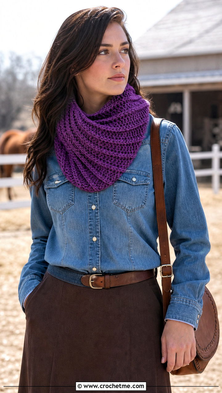 Spiral Ribbed Cowl With Western Denim Shirt - 20 Crochet Ribbed Cowl outfit ideas