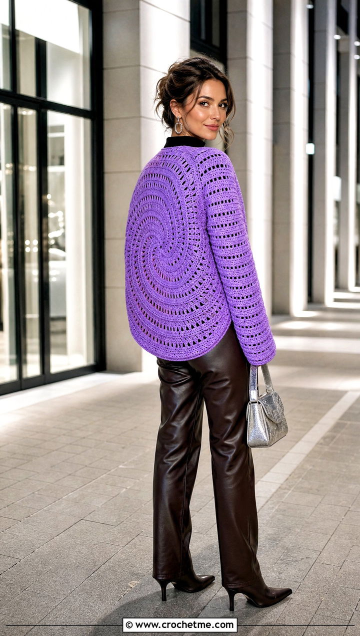 Spiral Round Crochet Cardigan With Leather Pants - 35 round crochet cardigan outfit ideas