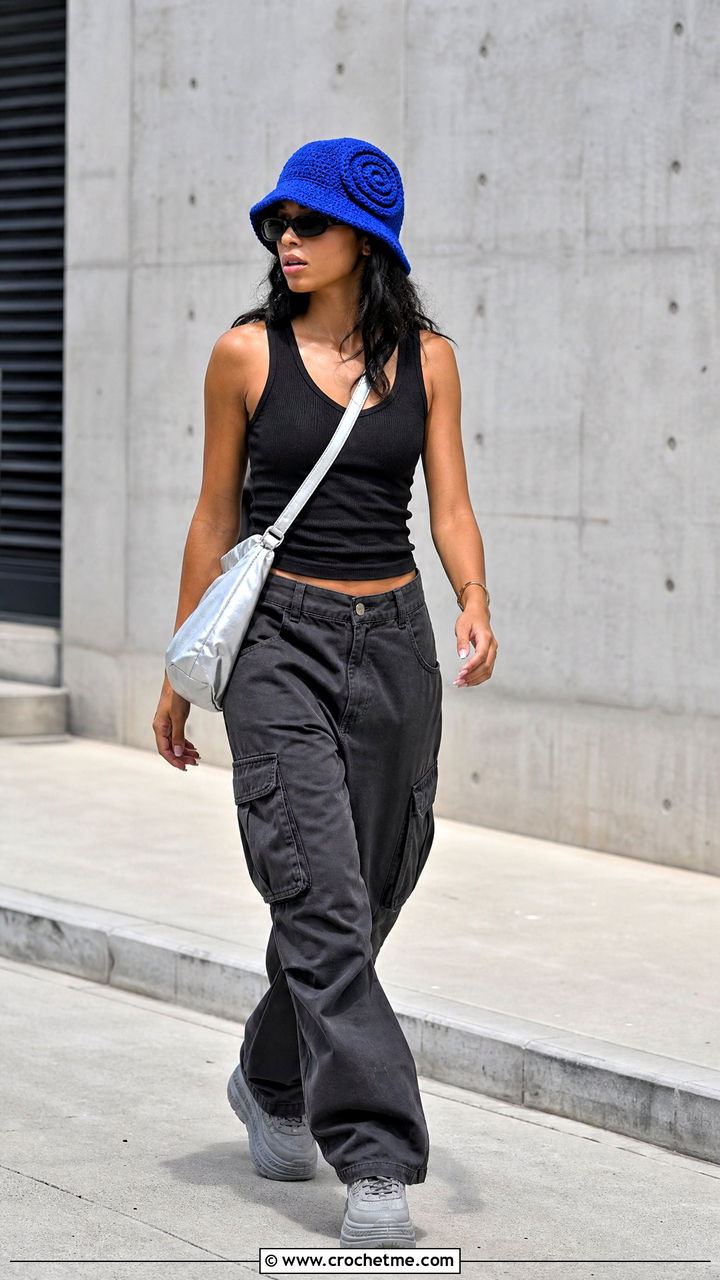 Spiral Ruffle Bucket Hat With Cargo Pants - 35 crochet ruffle hat outfit ideas