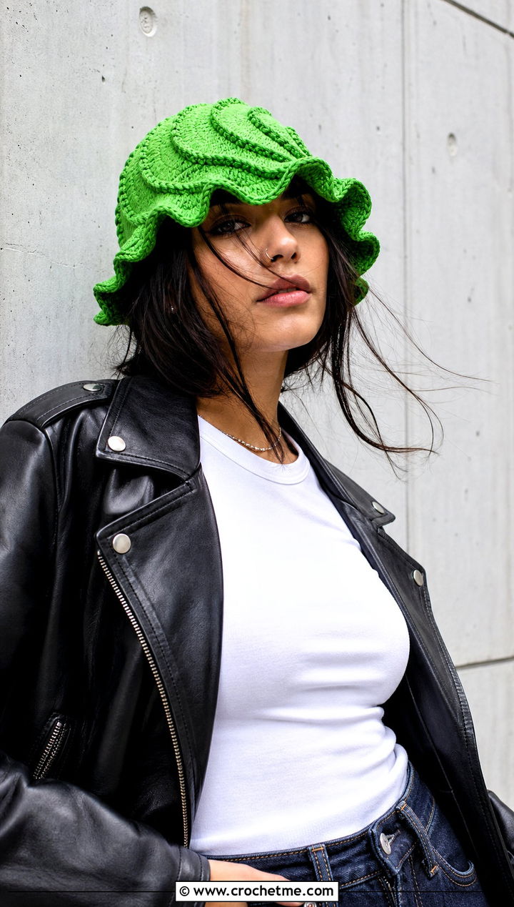 Spiral Ruffle Crochet Bucket Hat With Leather Jacket - 25 ruffled crochet bucket hat outfit ideas