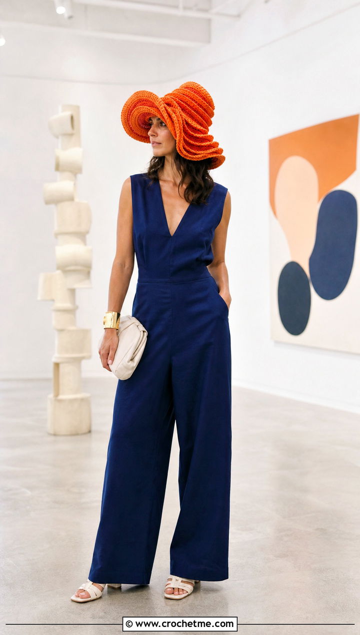 Spiral Ruffle Crochet Hat With Minimal Jumpsuit - 35 ruffled crochet hat outfit ideas