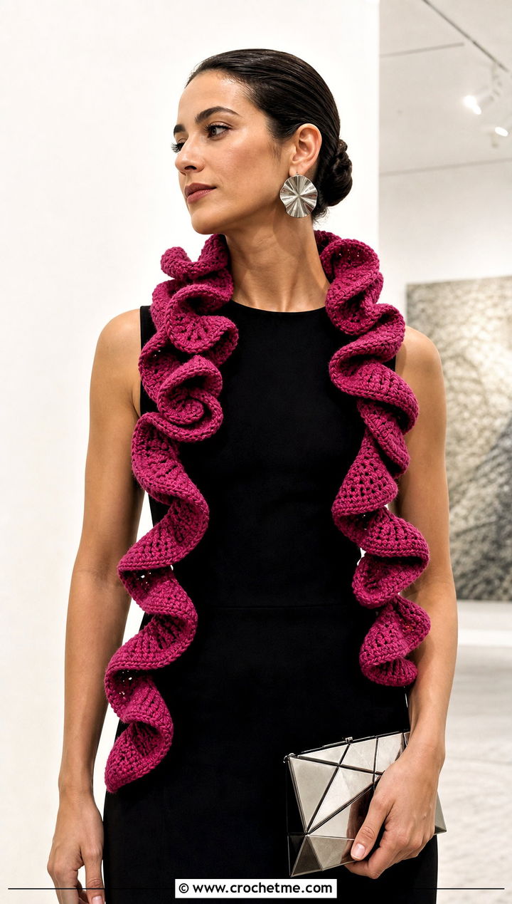 Spiral Ruffle Crochet Scarf With Column Dress - 15 Funny Crochet Scarf outfit ideas