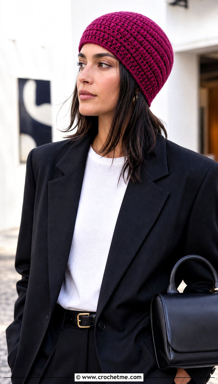 Spiral Seam Crochet Short Row Beanie With Blazer And Jeans - 20 Crochet Short Row Beanie outfit ideas