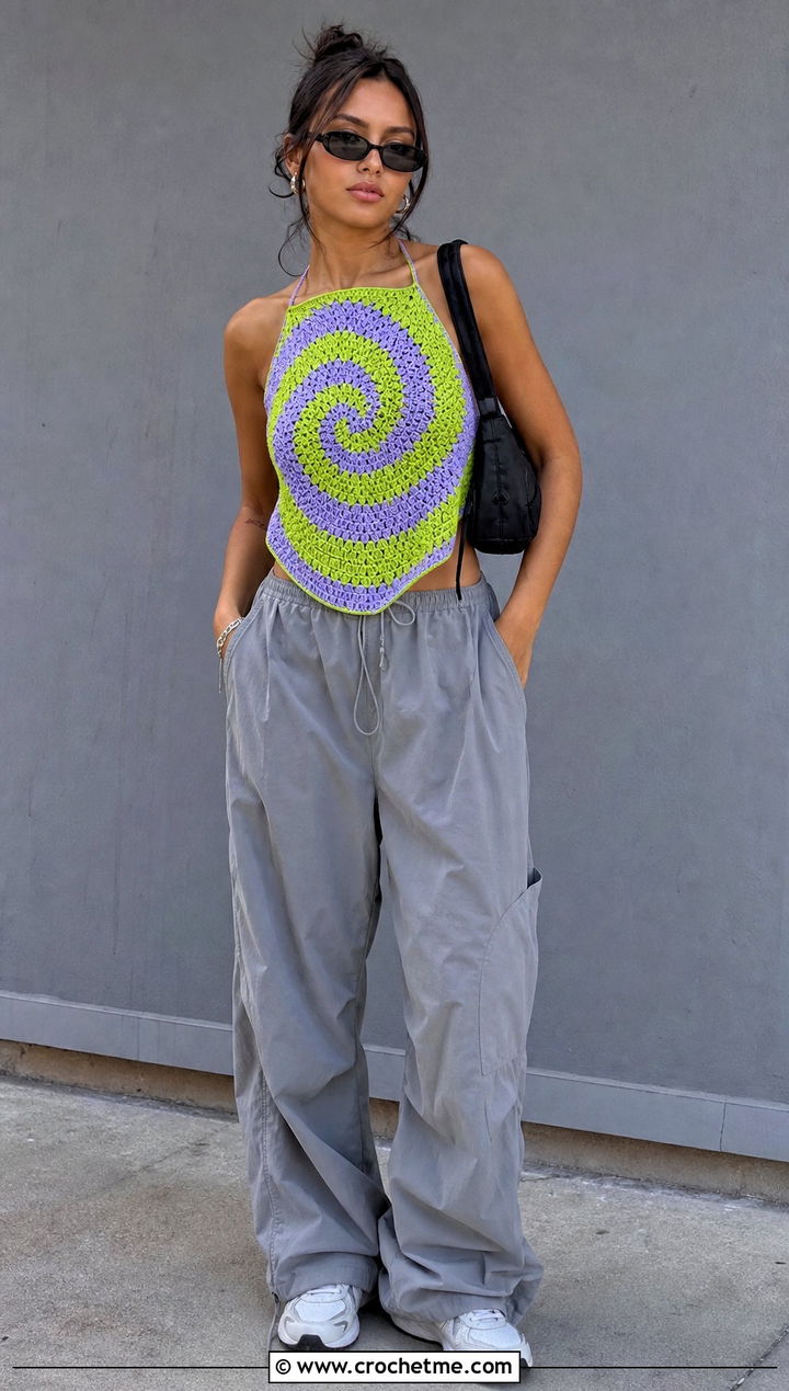 Spiral Single Granny Square Top With Parachute Pants - 25 single granny square top outfit ideas