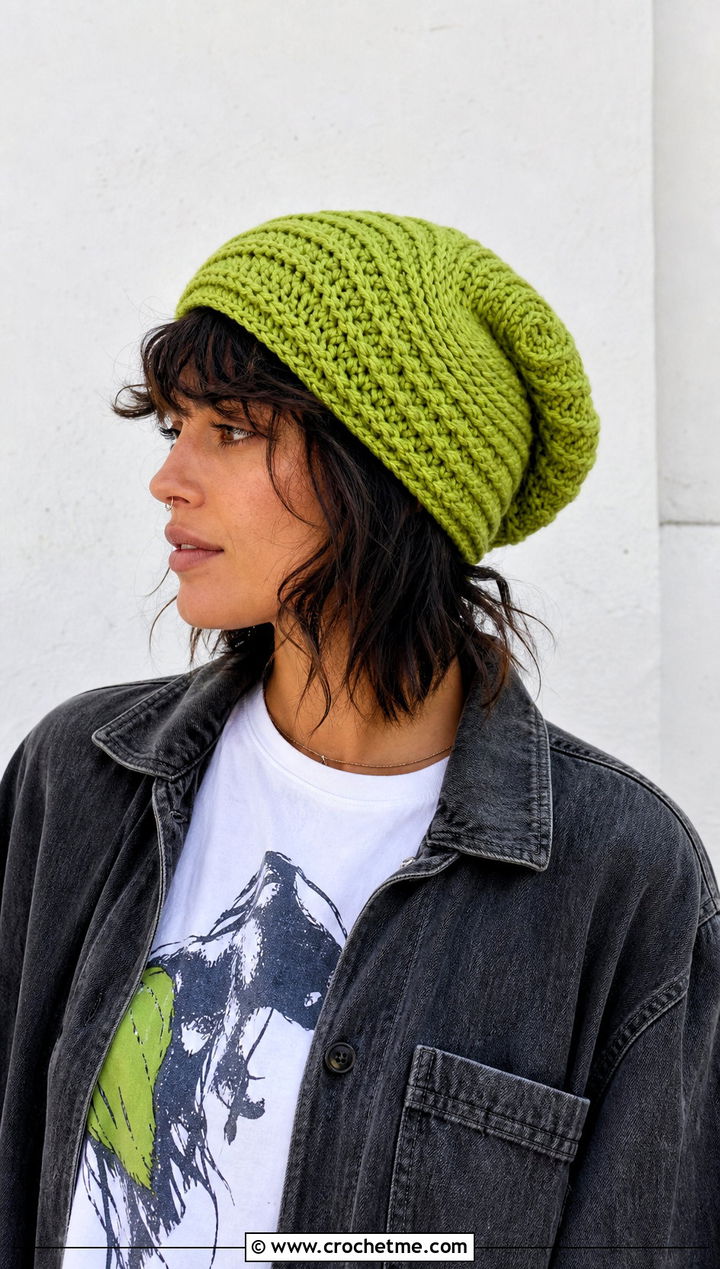 Spiral Slouch Crochet Beanie With Graphic T Shirt - 30 slouch crochet beanie outfit ideas