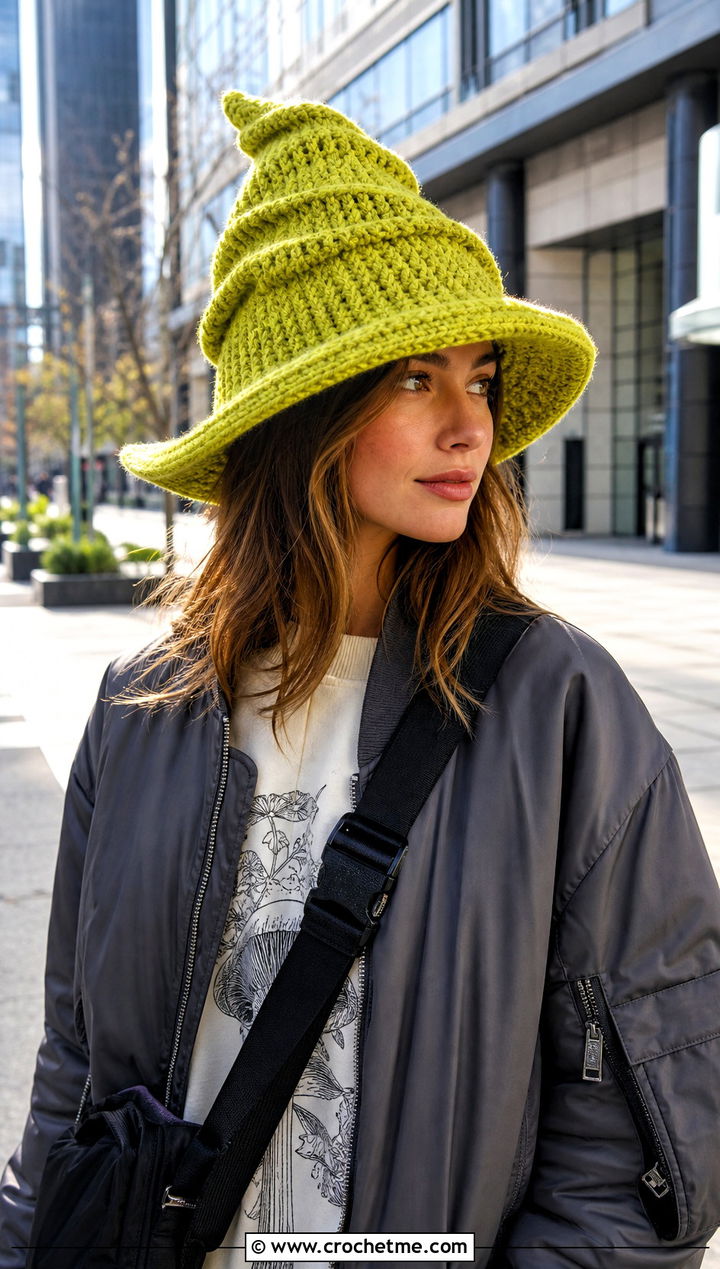 Spiral Slouchy Crochet Witch Hat With Streetwear Layers - 30 slouchy crochet witch hat outfit ideas