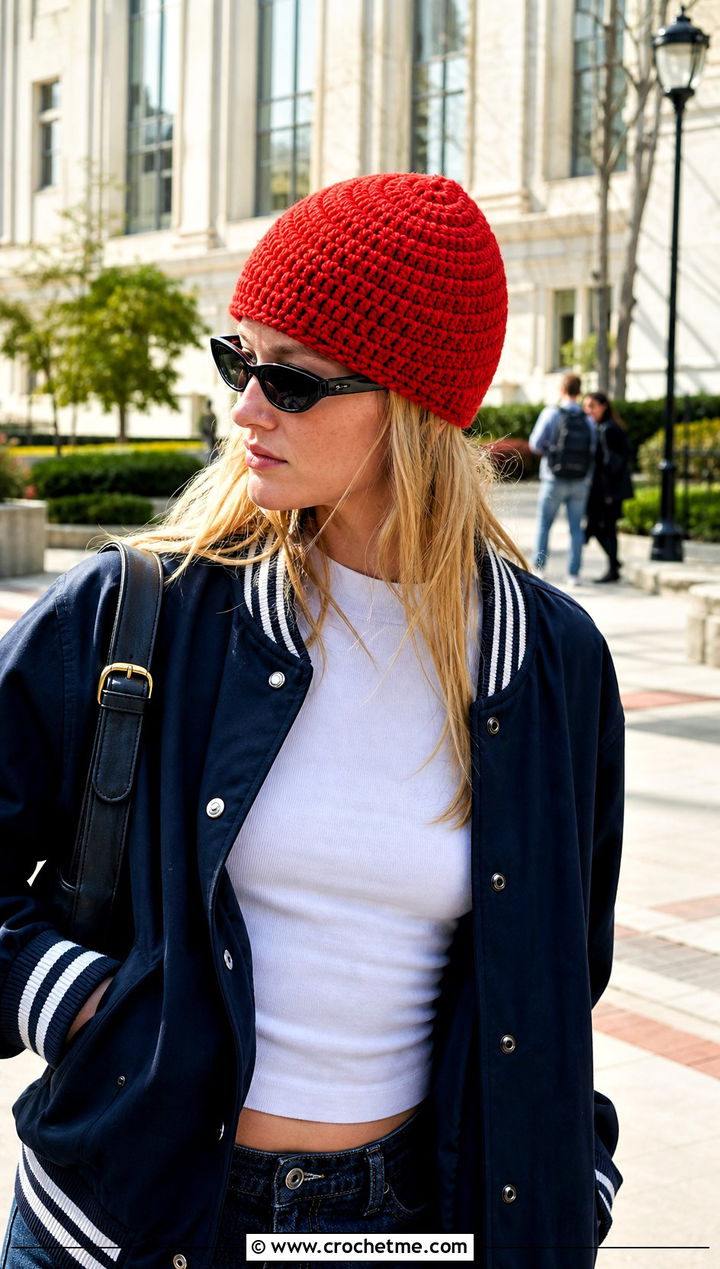 Spiral Stitch Blanket Yarn Crochet Beanie With Varsity Jacket - 15 blanket yarn crochet beanie outfit ideas