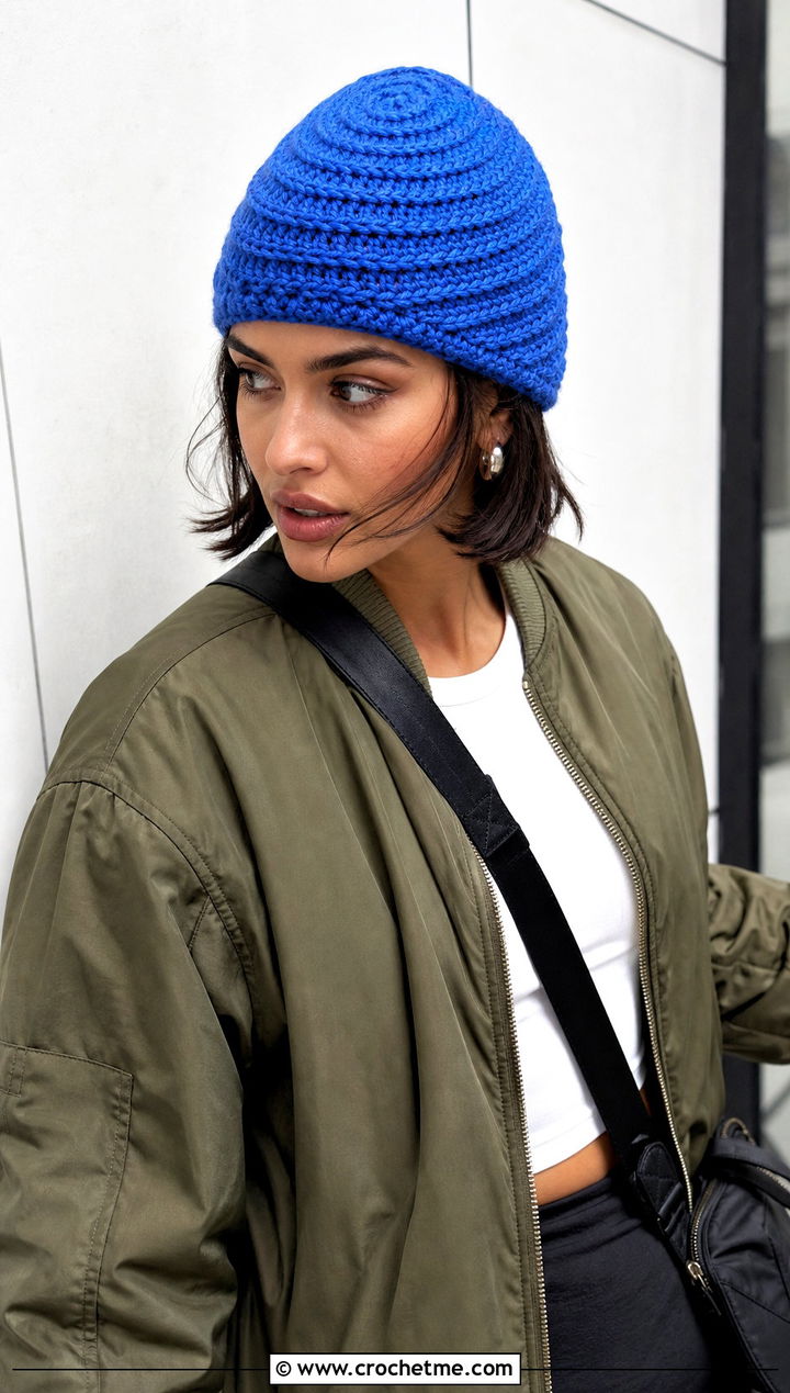 Spiral Stitch Chunky Beanie With Bomber Jacket - 35 crochet chunky beanie outfit ideas