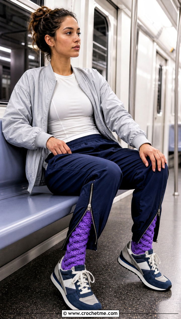 Spiral Stitch Chunky Crochet Socks With Track Pants - 25 Chunky Crochet Socks outfit ideas