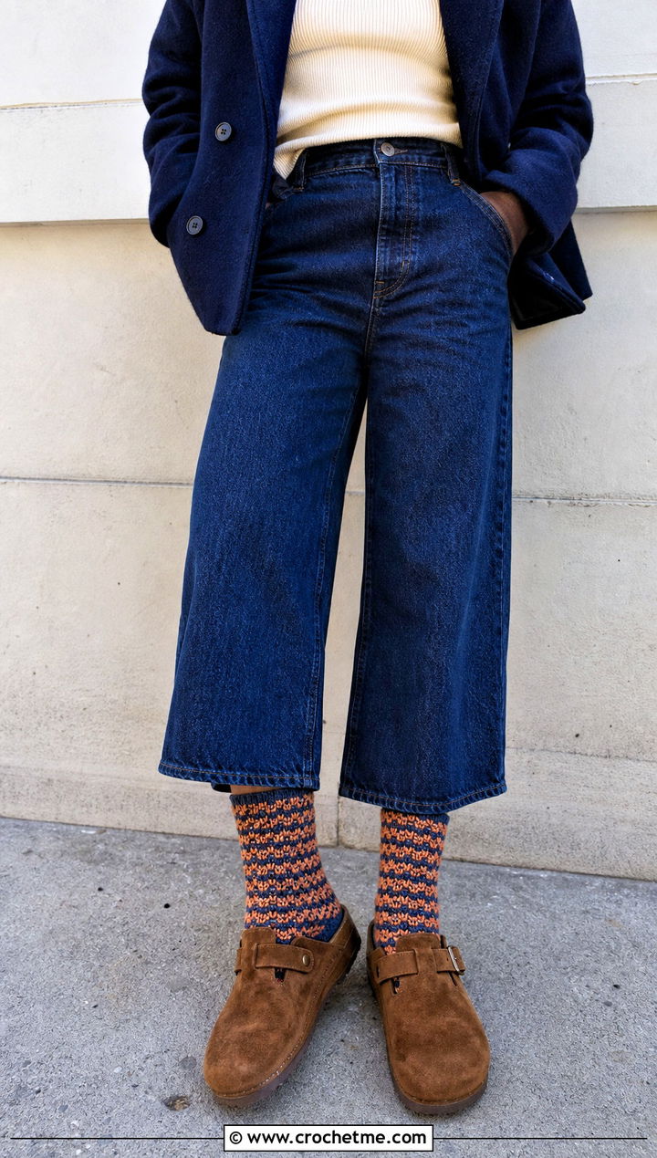 Spiral Stitch Crew Crochet Winter Socks With Barrel Jeans - 30 crochet winter socks outfit ideas