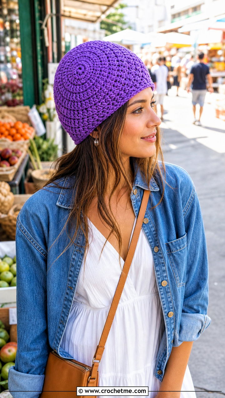 Spiral Stitch Crochet Beanie With Maxi Dress And Sneakers - 15 Crochet Lightweight Beanie outfit ideas
