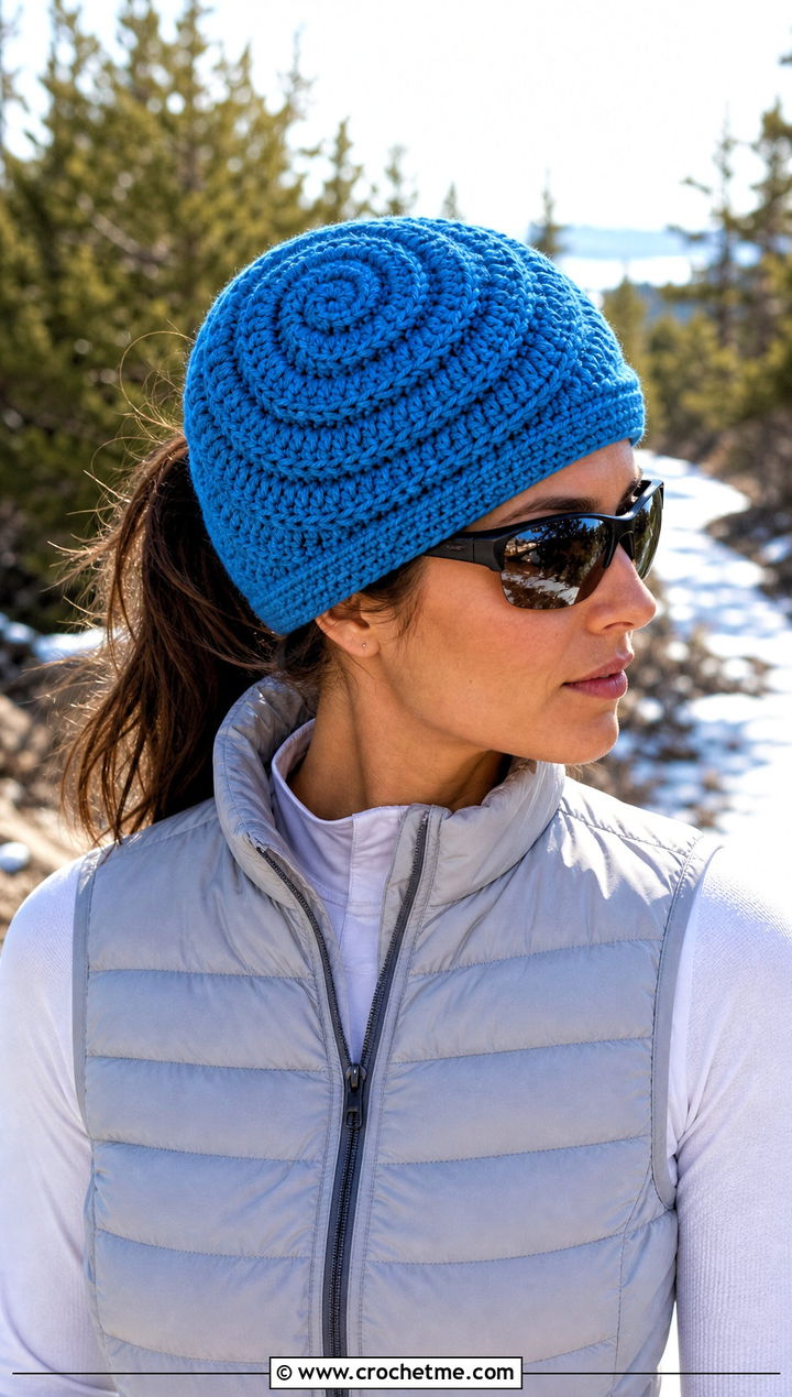 Spiral Stitch Crochet Beanie With Puffer Vest And Leggings - 30 beginner crochet hat outfit ideas