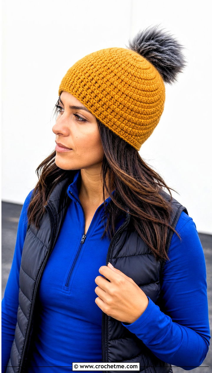 Spiral Stitch Crochet Beanie With Puffer Vest And Track Pants - 15 Crochet Hat With Fur Pom Pom outfit ideas