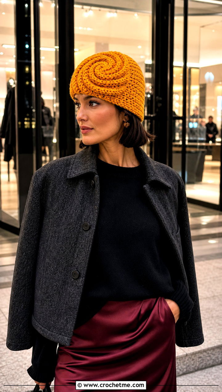 Spiral Stitch Crochet Beanie With Satin Skirt - 15 diy crochet winter hat outfit ideas