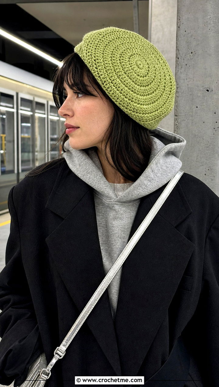 Spiral Stitch Crochet Beret With Hoodie And Tailored Coat - 15 Womens Crochet Beret outfit ideas