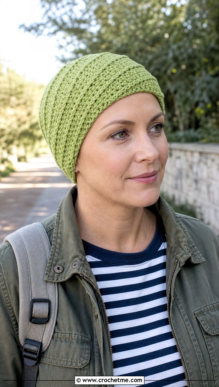 Spiral Stitch Crochet Chemo Beanie With Utility Jacket - 20 Easy Crochet Chemo Hats outfit ideas