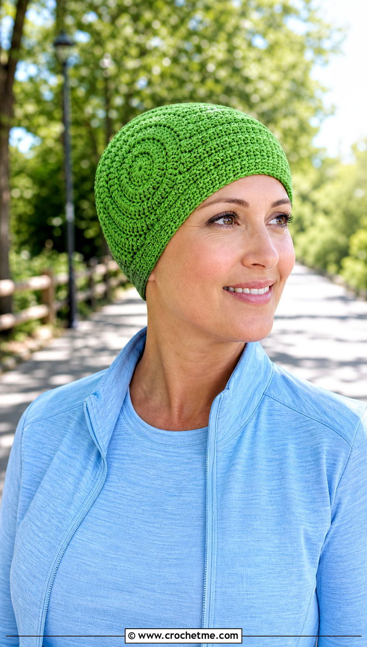 Spiral Stitch Crochet Chemo Cap With Athleisure Set - 20 Crochet Summer Chemo Caps outfit ideas
