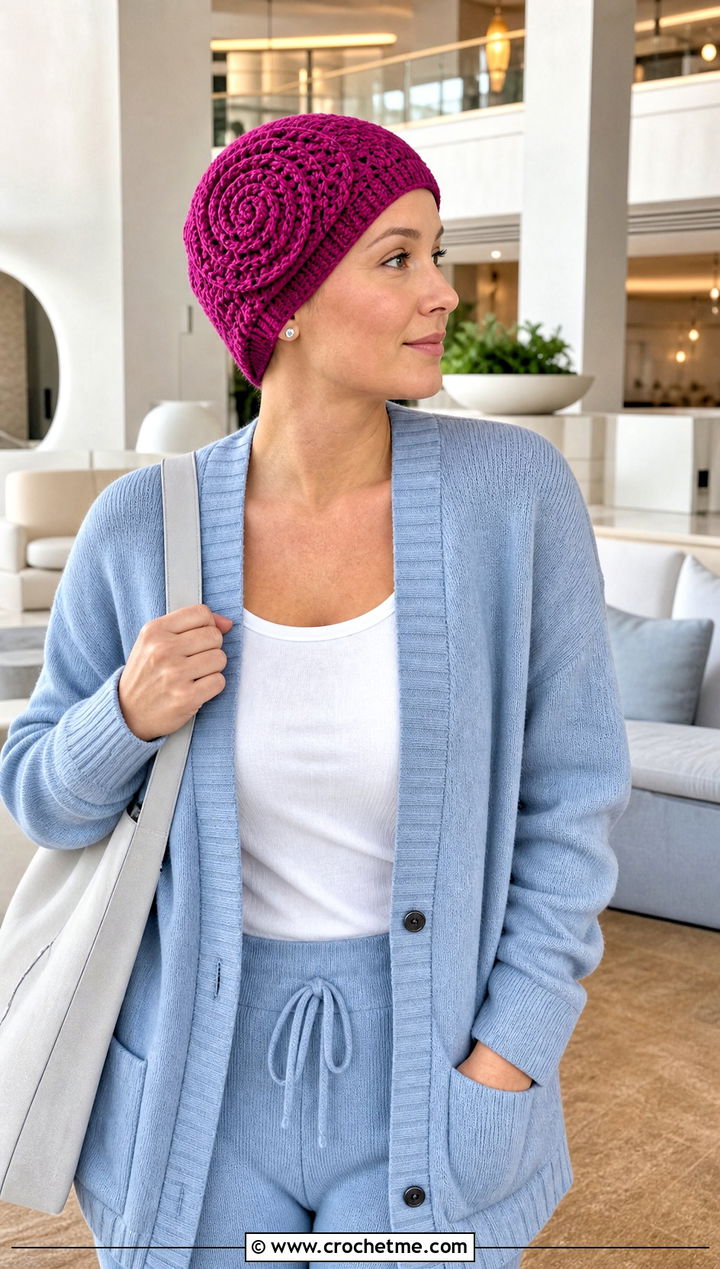 Spiral Stitch Crochet Chemo Cap With Matching Knit Set - 30 crochet chemo hat outfit ideas