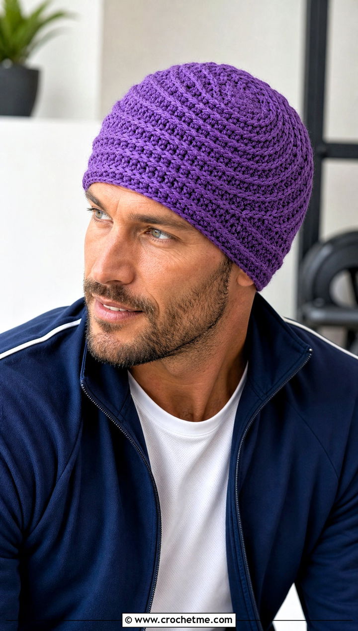 Spiral Stitch Crochet Chemo Cap With Track Jacket - 25 Crochet Chemo Caps For Men outfit ideas