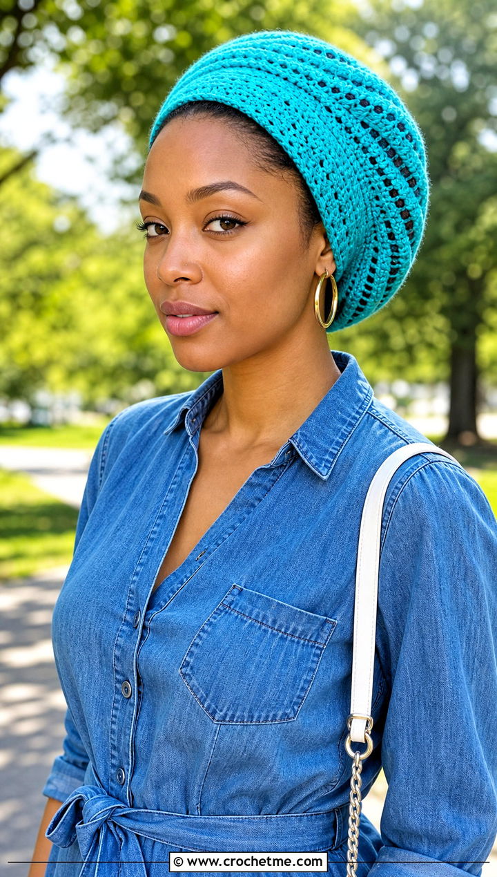 Spiral Stitch Crochet Dreadlock Tam With Denim Dress And Sneakers - 25 Crochet Dreadlock Hat outfit ideas