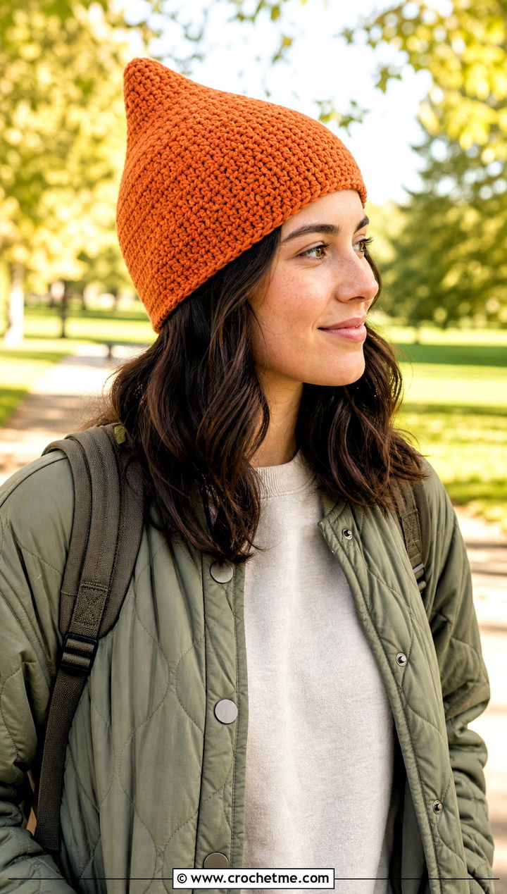 Spiral Stitch Crochet Link Hat With Quilted Jacket - 30 crochet link hat outfit ideas
