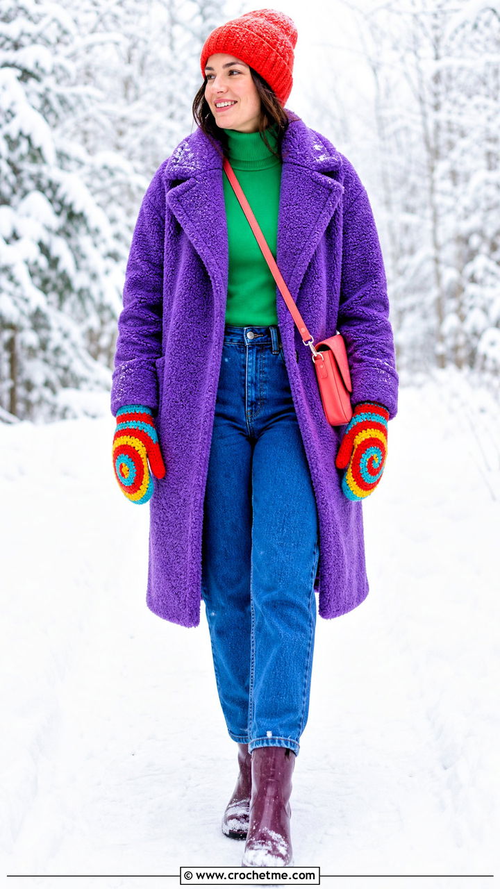 Spiral Stitch Crochet Mittens With Teddy Coat - 35 crochet gloves outfit ideas